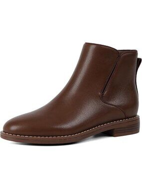 Women's Brown Faux Leather Low Heel Rounded Toe with Side Zipper Heeled Boots